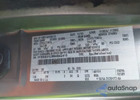 2006 Ford Econoline Xl/Xlt из США, поврежденный, VIN 1FBSS31L86HB42415